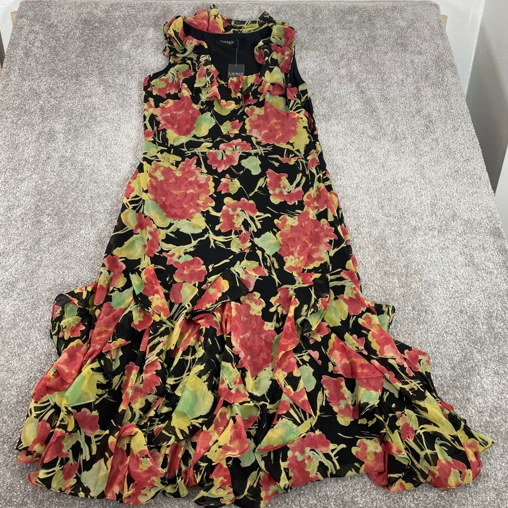 Lauren Ralph Lauren Dress Womens 10 Maxi Floral Ruffle Black Label NWT